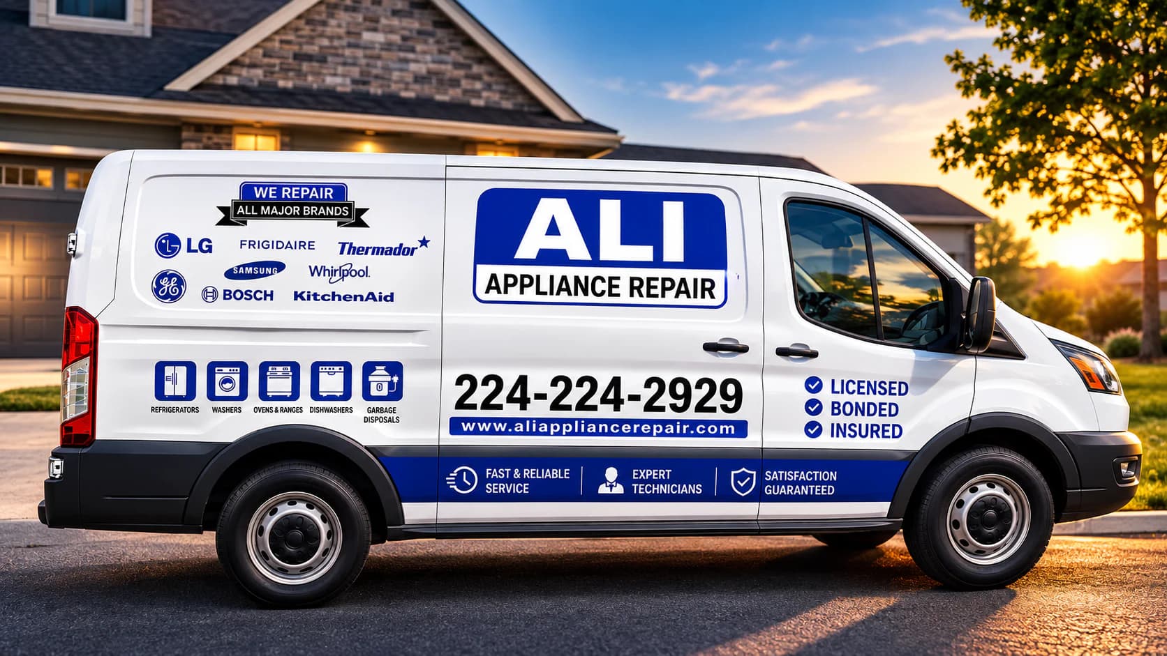Ali Appliance Repair service van parked in a residential neighborhood
